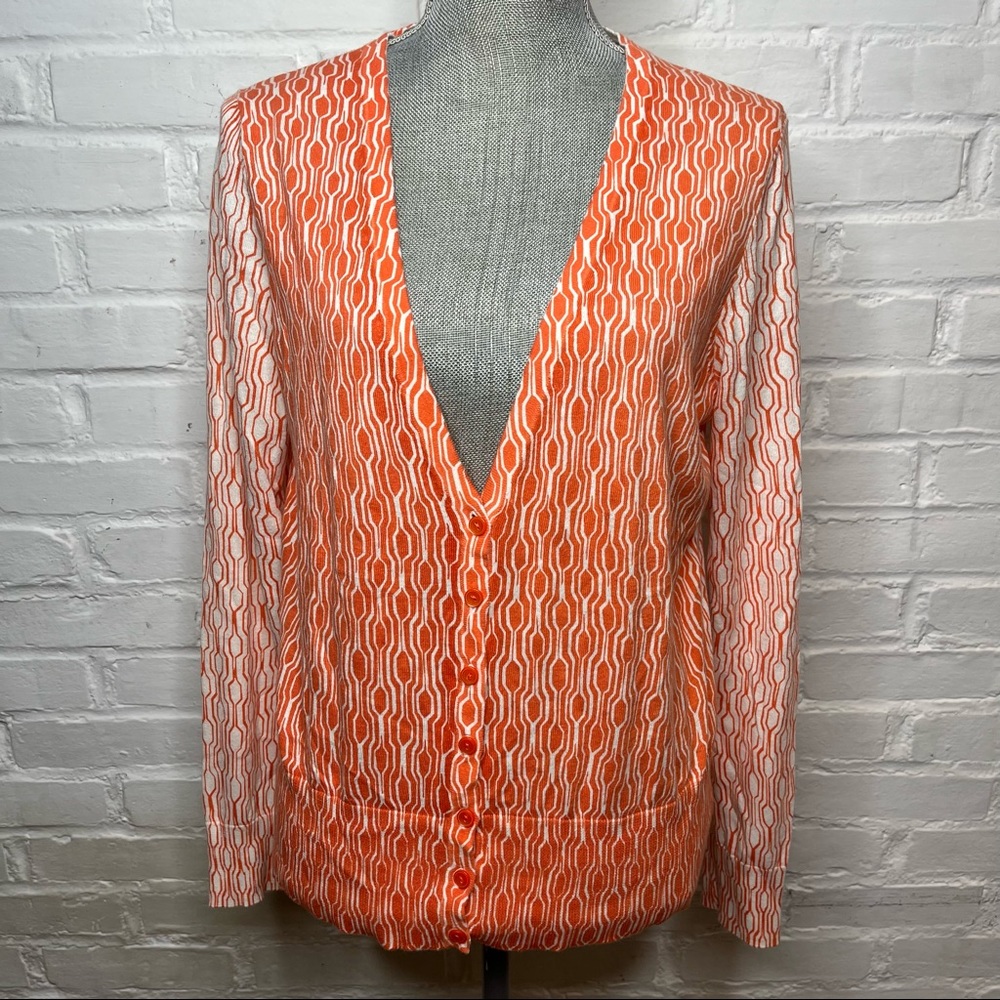 NEW Ann Taylor Orange and White Patterned V-Neck Cardigan Size Large